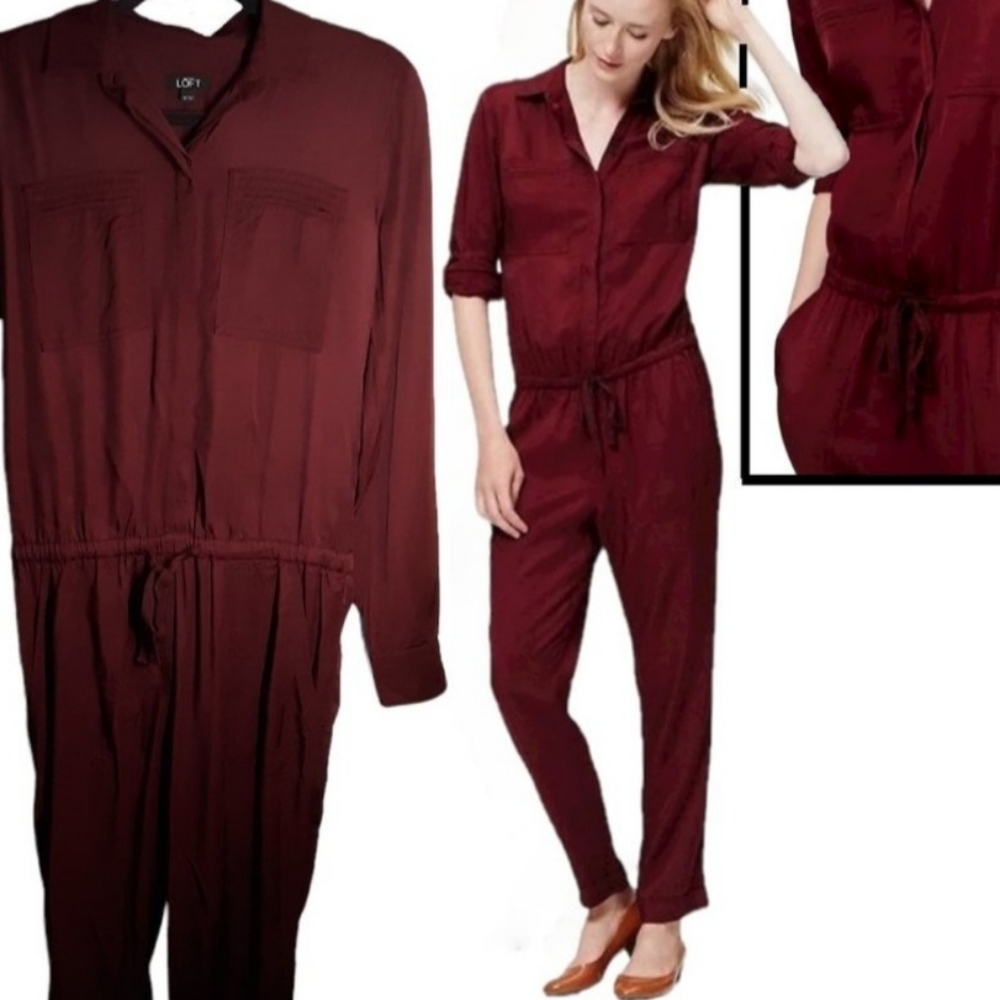 LOFT Burgundy Purple Jumpsuit with Pockets Size M Utility